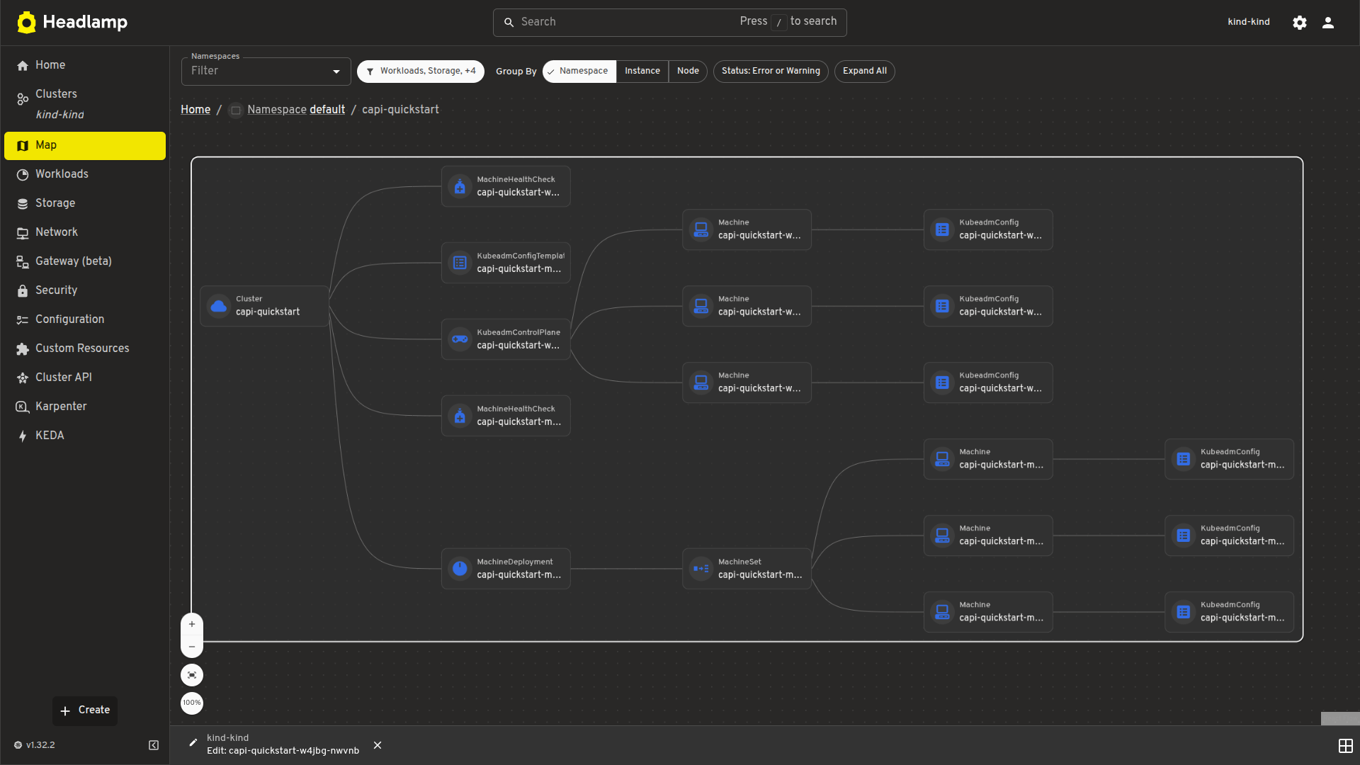 Map view showing Cluster, Control Plane, and Worker resource relationships